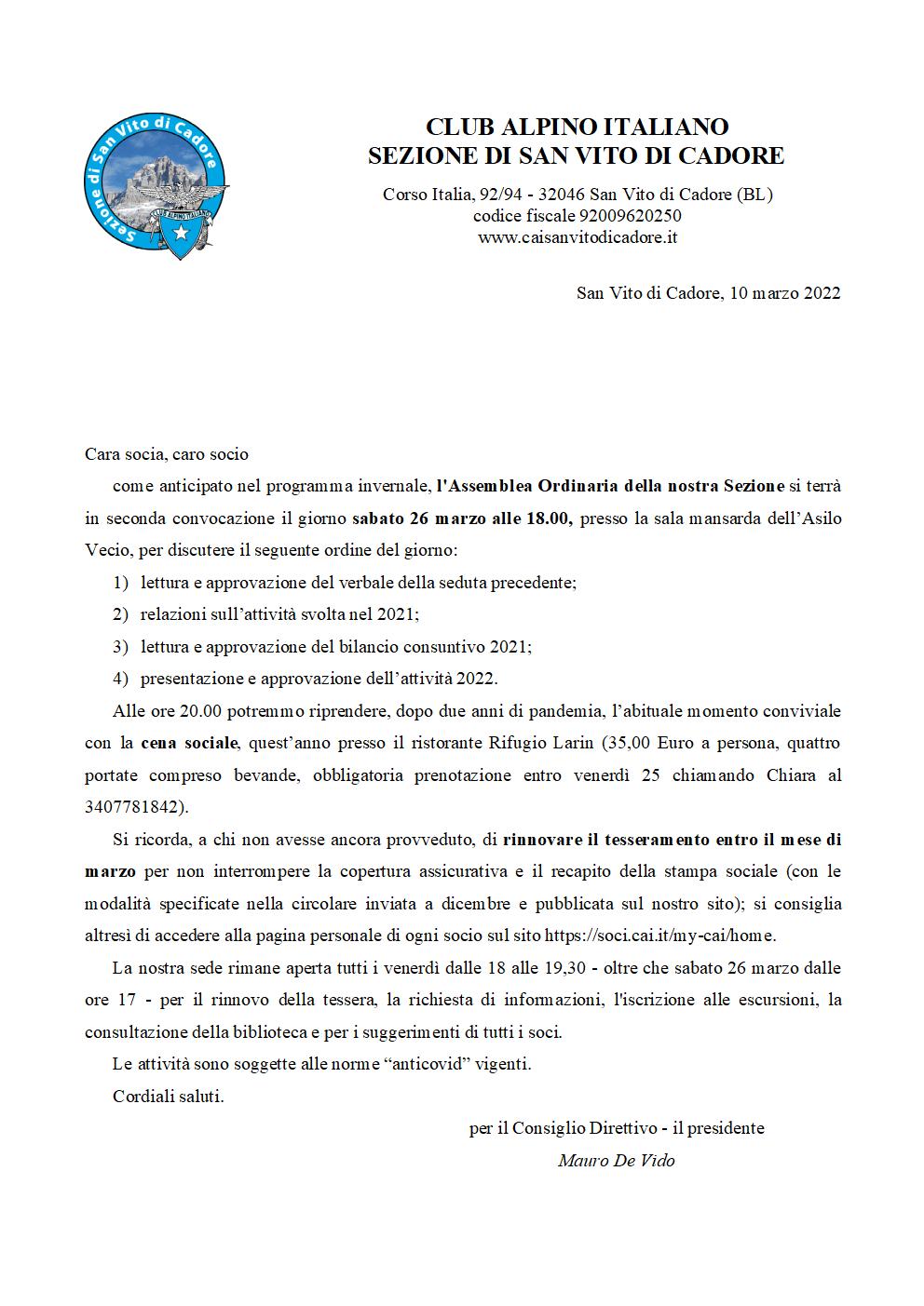 CAI - Sez.San Vito di Cadore - Convocazione Assemblea 2022