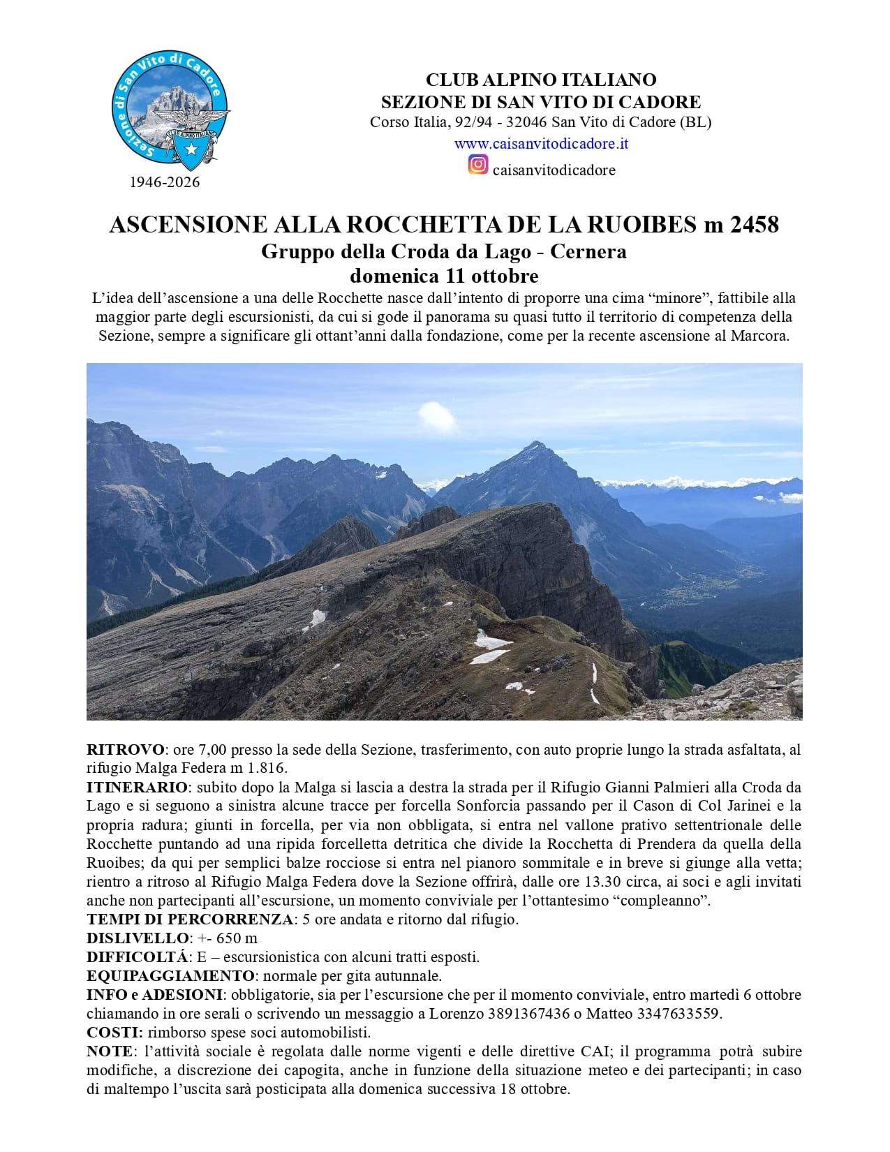 CAI - Sez. San Vito di Cadore - Rocchetta De La Ruoibes (1946-2026)