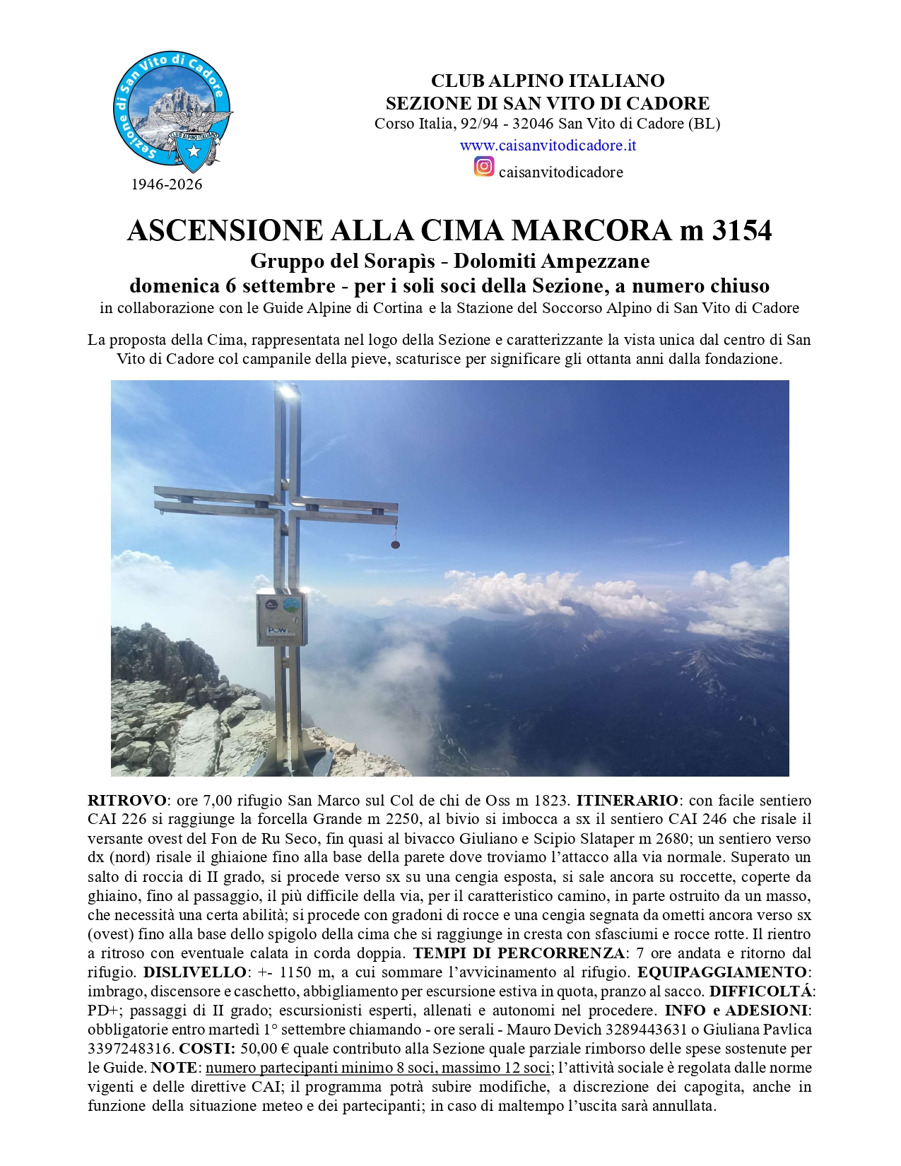 CAI - Sez.San Vito di Cadore - Ascensione cima Marcora (80 anni dalla fondazione della Sezione)